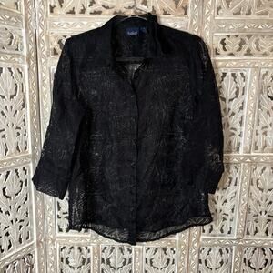Gloria Vanderbilt Casuals Black Goth Geometric Sheer 3/4 Sleeve Button Up Top M